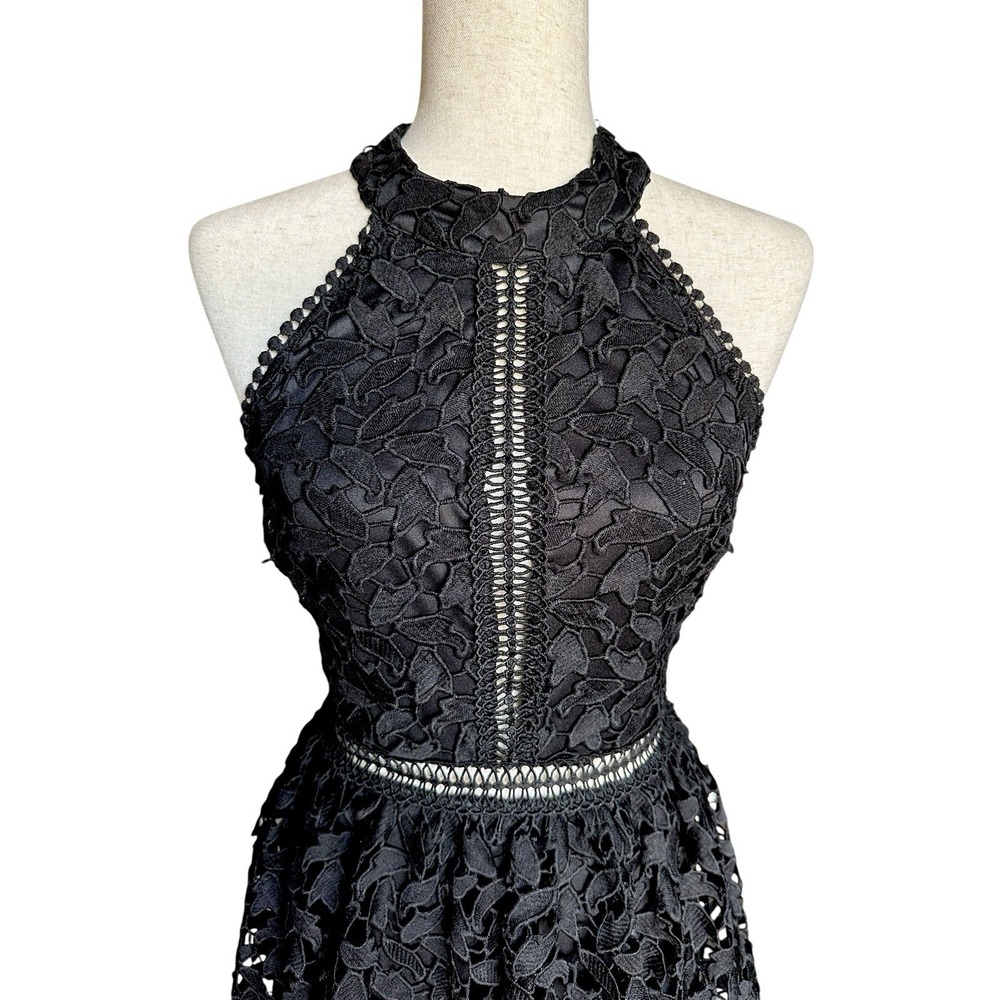 Just Me Black Lace High-Neck Dress Size Small A-Line Dress Floral Cut Outs‎ Sexy - Picture 2 of 11